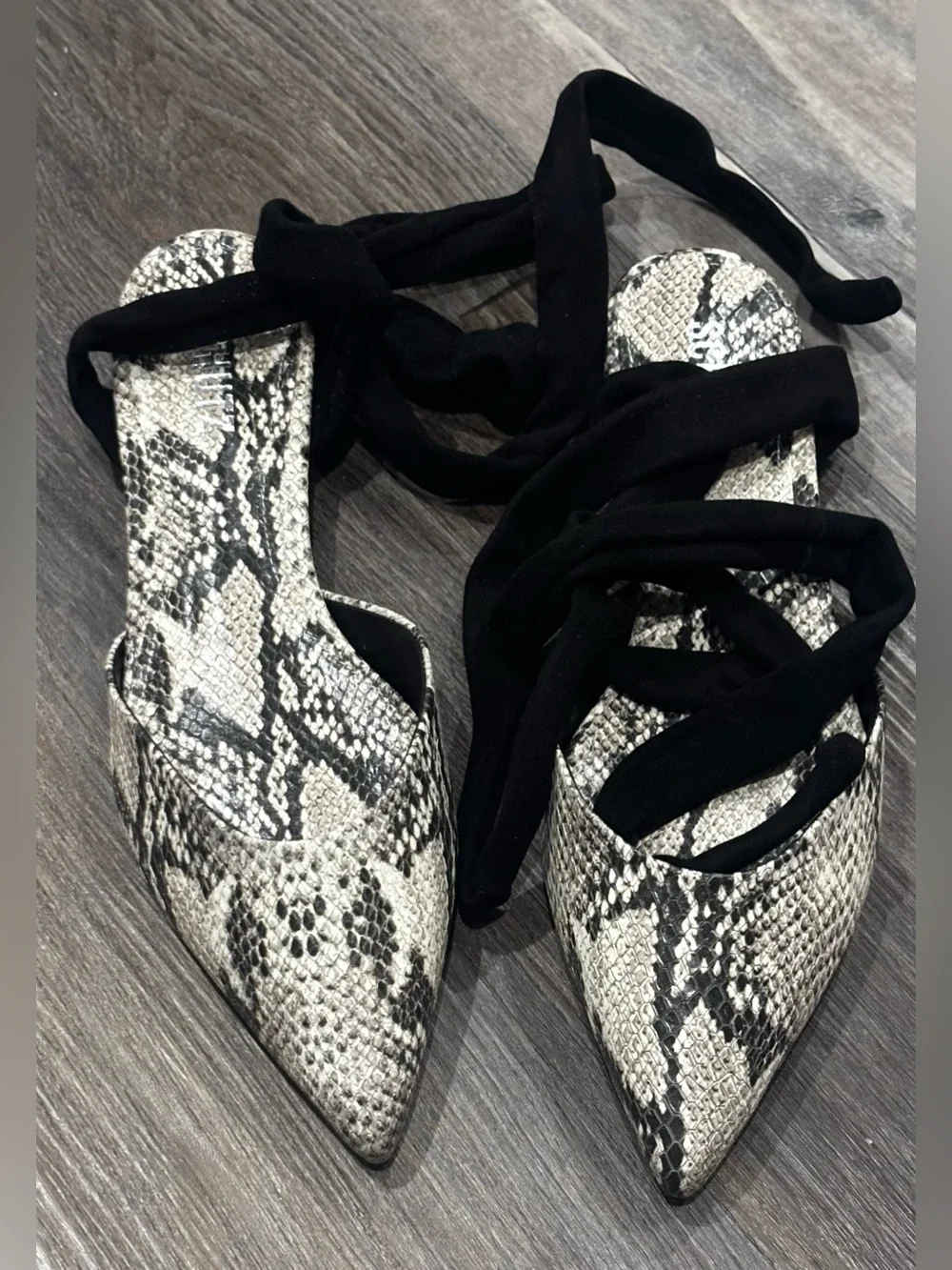 NIB Schutz Barbrah Snake Print Tie Ankle Ballet Flats Black Gray 9.5 Balletcore